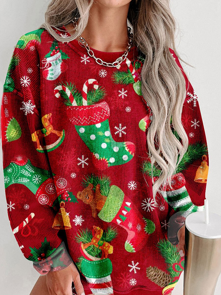 Comstylish Christmas Print Crew Neck Casual Sweatshirt
