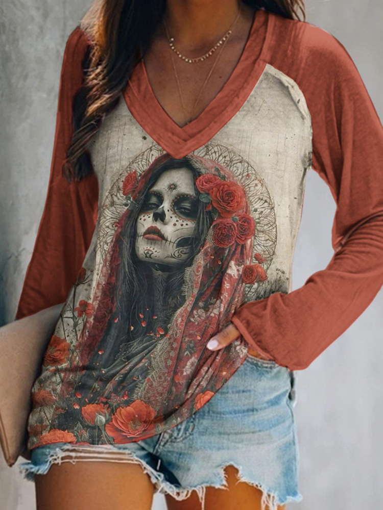 Comstylish Vintage Day Of The Dead Skull Floral Art TShirt