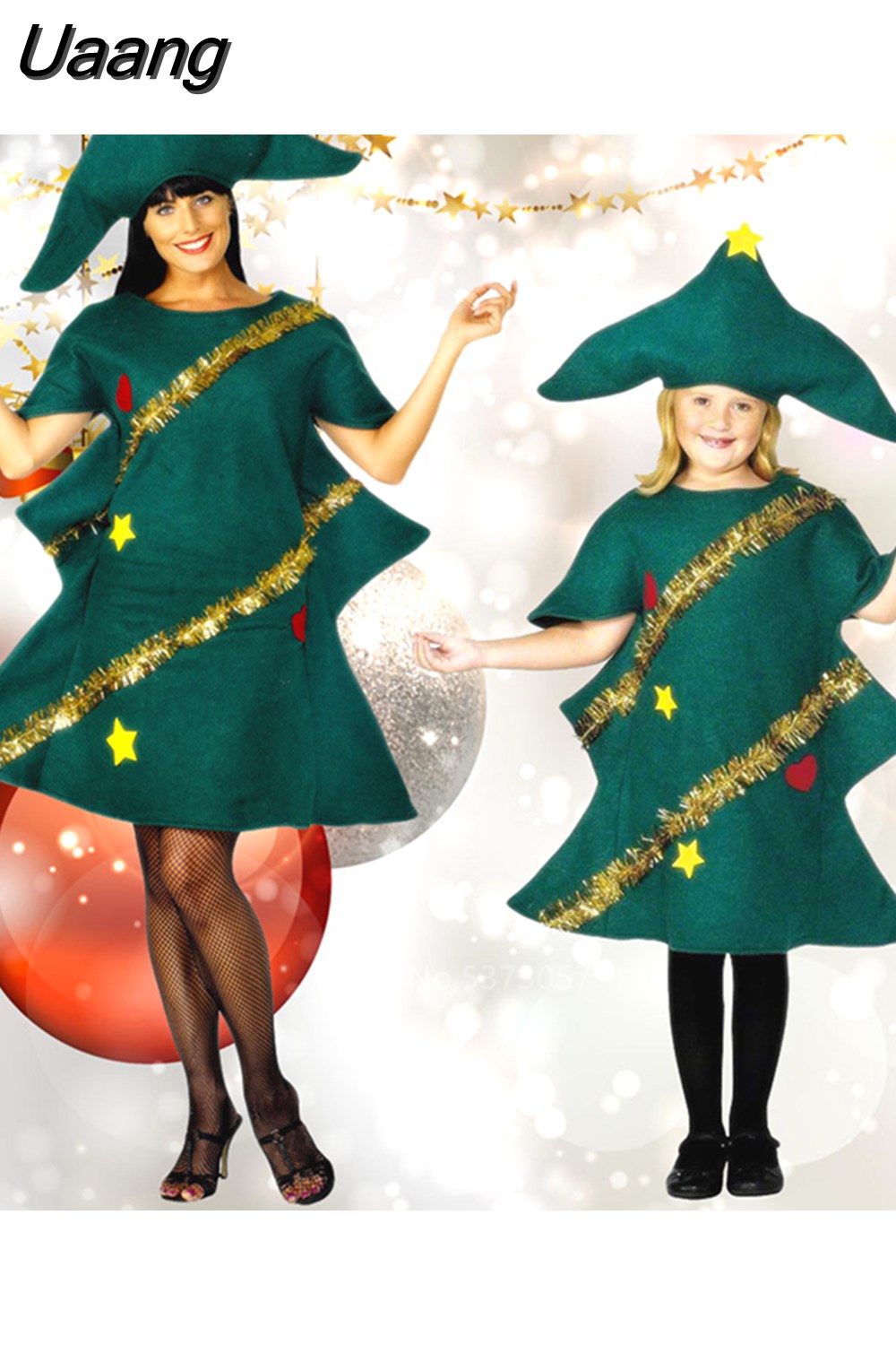 Uaang Year Christmas Tree Outfit Mom and Girlds Cosplay Green Grinch