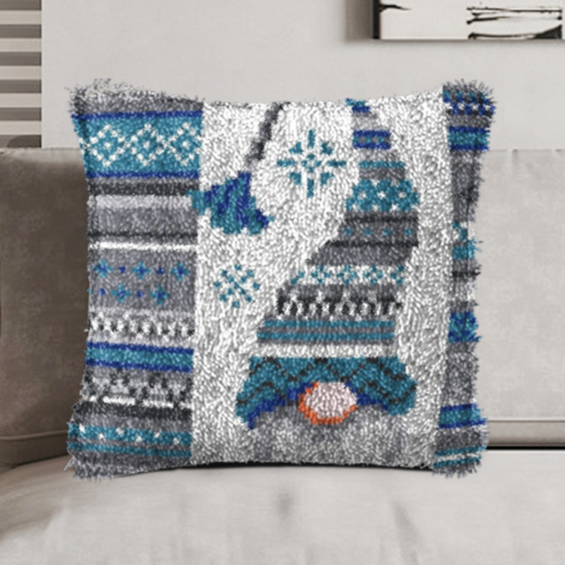 Blue Christmas Gnomes Latch Hook Pillow Kits Hooked Cushion for Adult