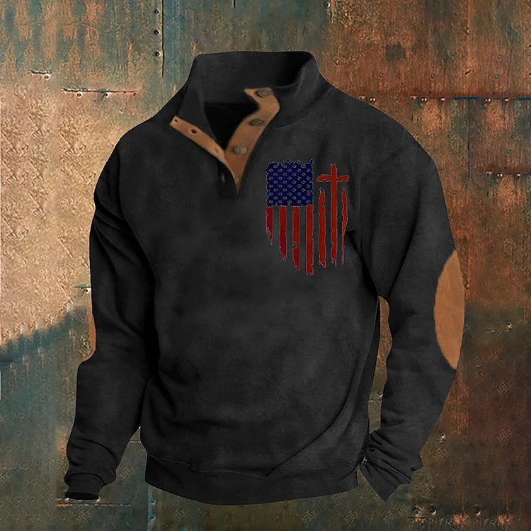 Comstylish Men's American Flag Printed Stand Collar HalfZip Sweatshirt