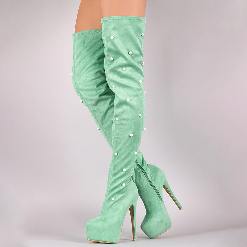 Green Suede Boots Women's Platform Heels Thigh Studs BootiesFSJshoes