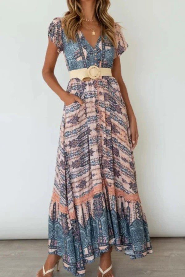 Casual Color Block Tunic VNeckline Xline Maxi Dress