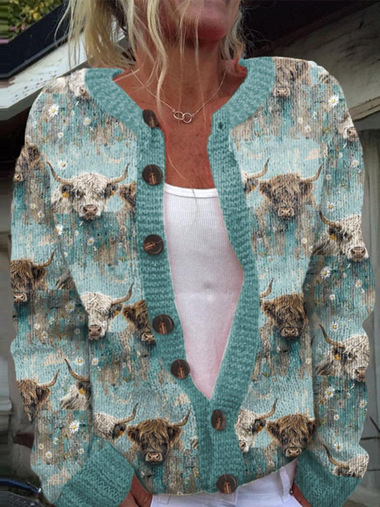 Comstylish Women's Cute Yak Floral Western Style Cardigan Sweater