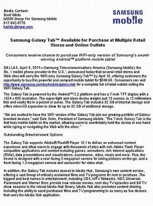 Press Release Samsung WifiOnly Galaxy Tab