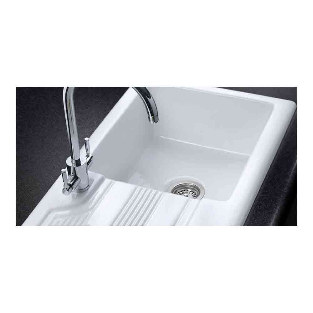 Rangemaster Portland White Ceramic Single Bowl Sink with Ribbed Drainer