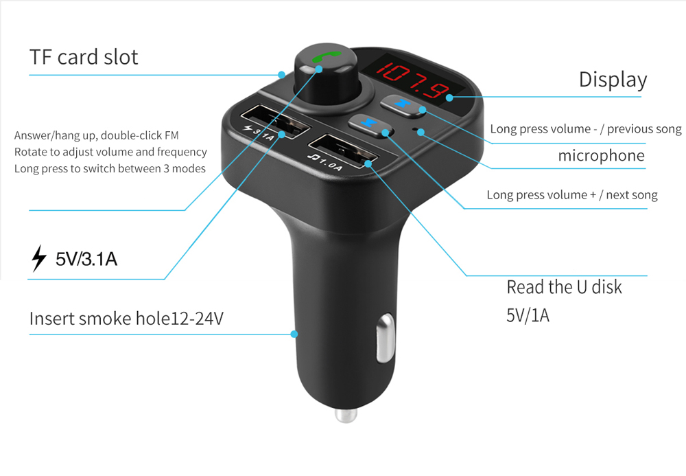 805E Bluetooth Car Kit Wireless FM Transmitter Hands Free Calling A2DP