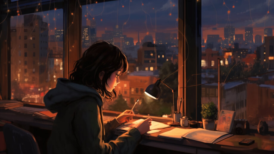 Girl Studying Night City 4K 6981k Wallpaper PC Desktop