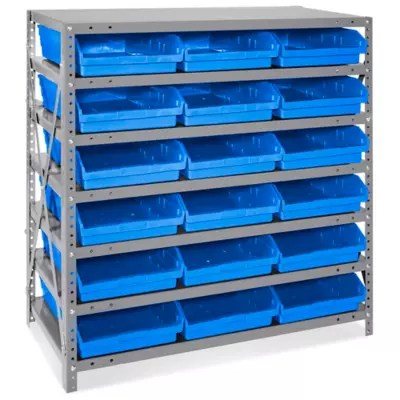Shelf Bin Organizer 36 x 18 x 39" with 11 x 18 x 4" Blue Bins H