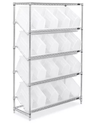 Slanted Wire Shelving 18 x 11 x 10" Clear Bins H3128C Uline
