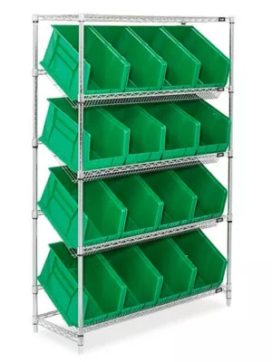 Slanted Wire Shelving 18 x 11 x 10" Green Bins H3128G Uline