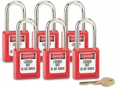 Master Lock® Lockout Padlock Keyed Alike, 1 1/2" Shackle, Red H5389R Uline
