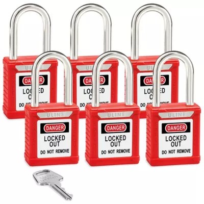 Uline Lockout Padlock Keyed Alike, 1 1/2" Shackle, Red H8622R Uline