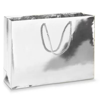 High Gloss Shopping Bags 16 x 6 x 12", Vogue, Metallic Silver S11622SIL Uline