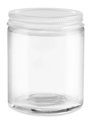 Clear StraightSided Glass Jars 6 oz, White Metal Cap S15847MW Uline