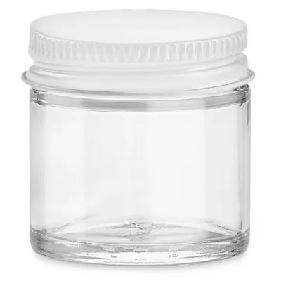 Clear StraightSided Glass Jars 1 oz, White Metal Cap S17073MW Uline