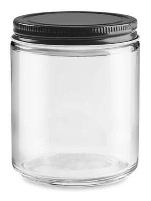 Clear StraightSided Glass Jars 8 oz, Black Metal Cap S17983MBL Uline
