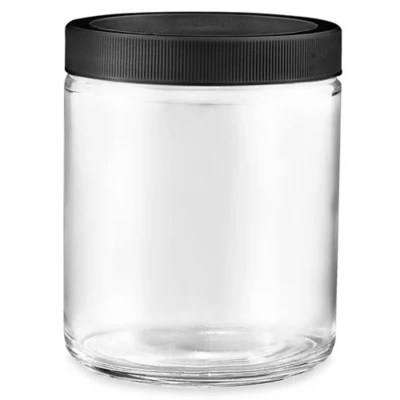 Clear StraightSided Glass Jars 8 oz, Black Plastic Cap S17983PBL Uline