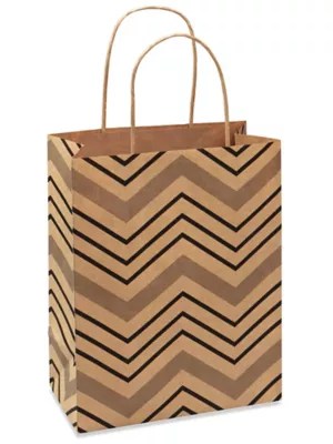 Printed Kraft Paper Shopping Bags 8 x 4 1/2 x 10 1/4", Cub, Chevron S21245CHEV Uline
