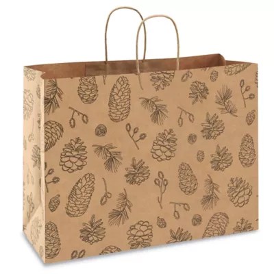 Printed Kraft Paper Shopping Bags 16 x 6 x 12", Vogue, Pine Cones S23724PINE Uline