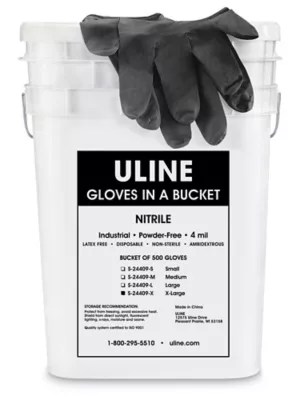 Uline Black Industrial Nitrile Gloves in a Bucket 4 Mil, XL S24409X