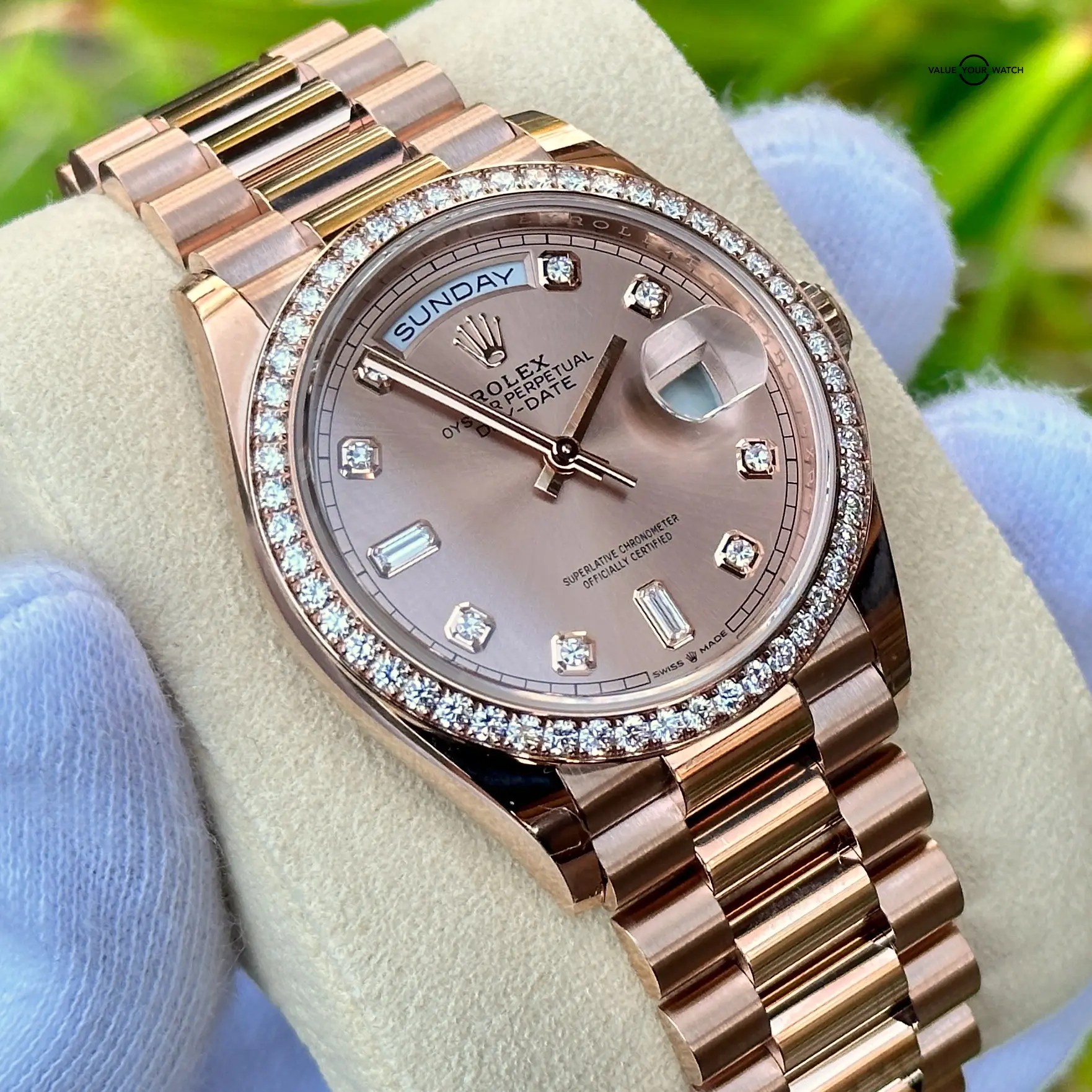 UNWORN 2022 Rolex DayDate 36 18K Everose Gold Pink Rose Gold Diamond