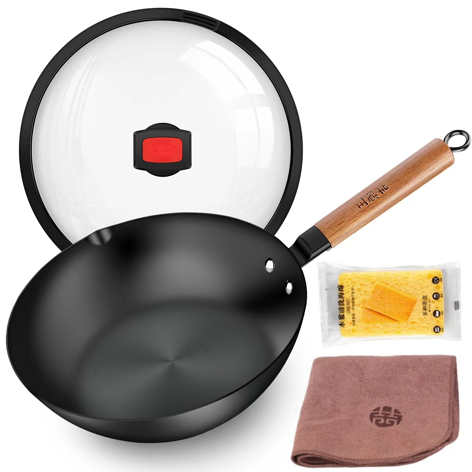 Get WANGYUANJI 2 in 1 Cast Iron Wok Flat Bottom Woks Stir Fry Pans No