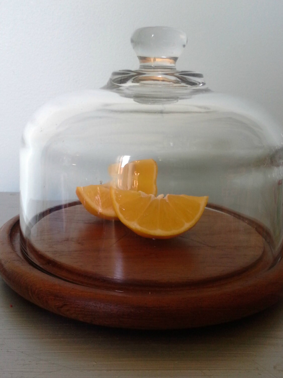Vintage Authentic Teak Wood Cheese Plate with Dome Glass Cloche/Cheese