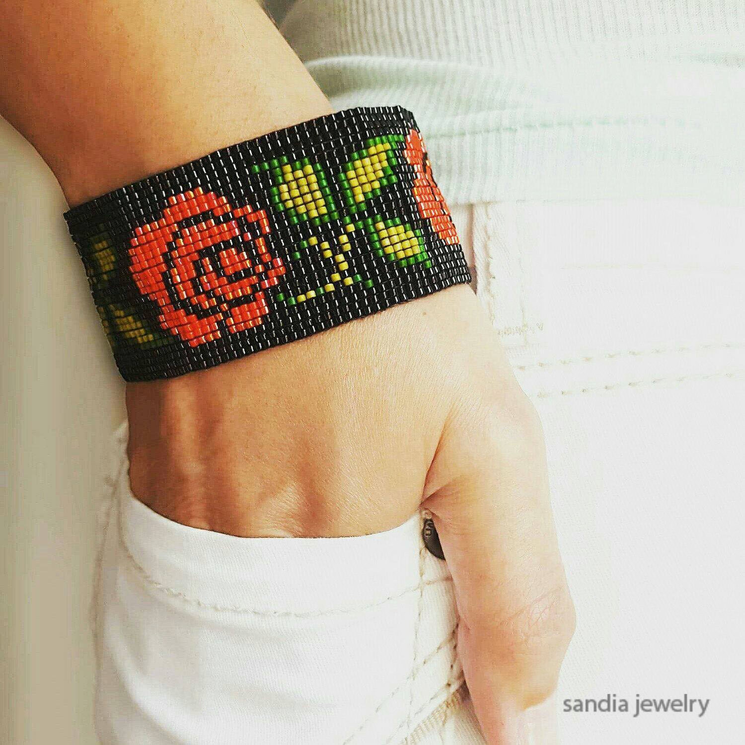Red Roses Bead Loom Cuff Bracelet Beaded Jewelry