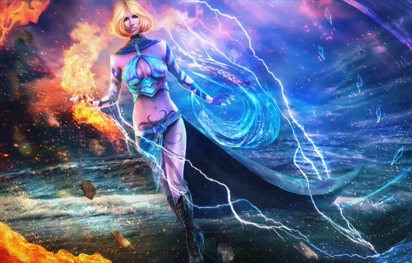 Wallpaper water, girl, storm, fire, magic, art, Guild Wars