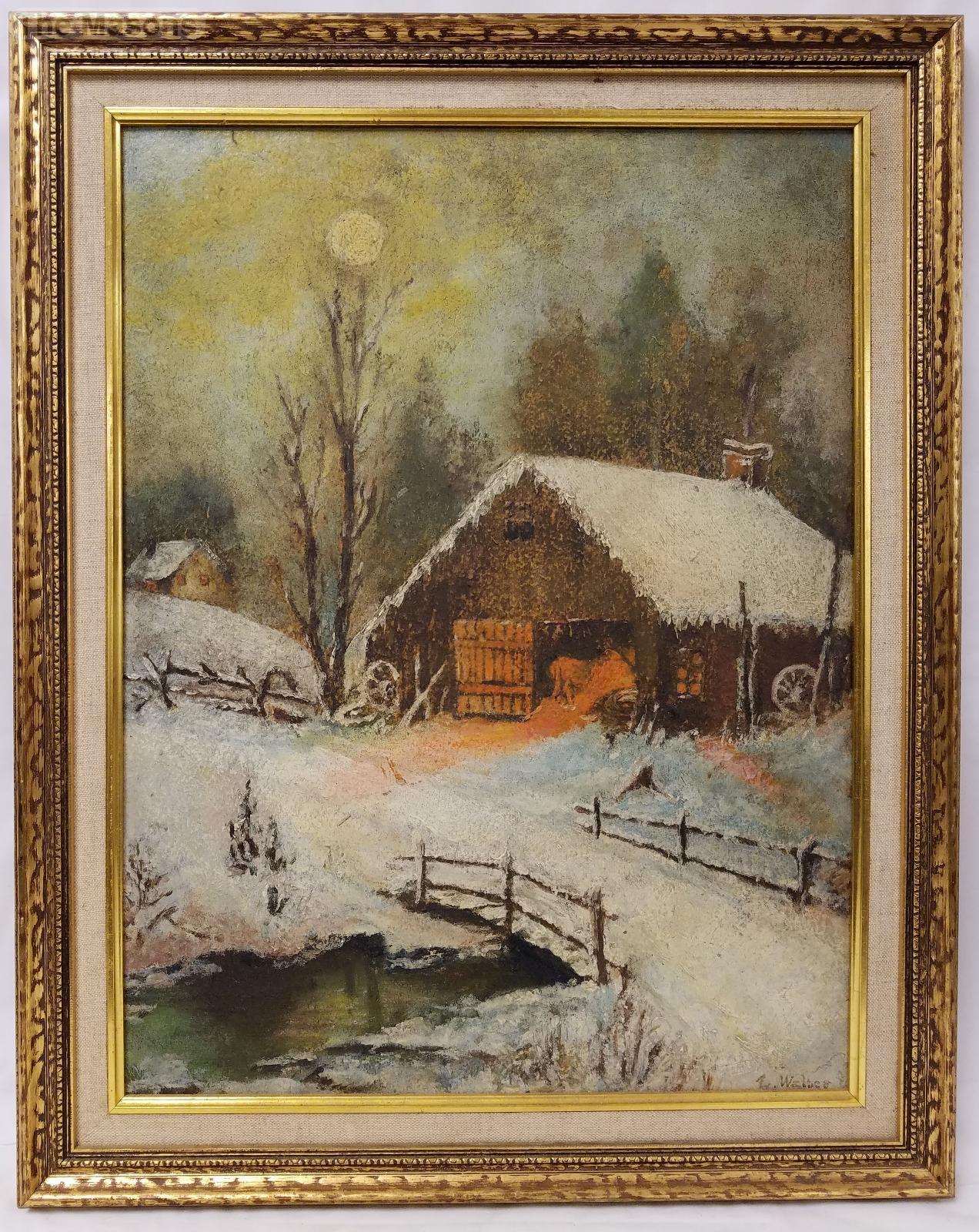 vintage farm oil painting horses barns wood fence trees Painting Oil