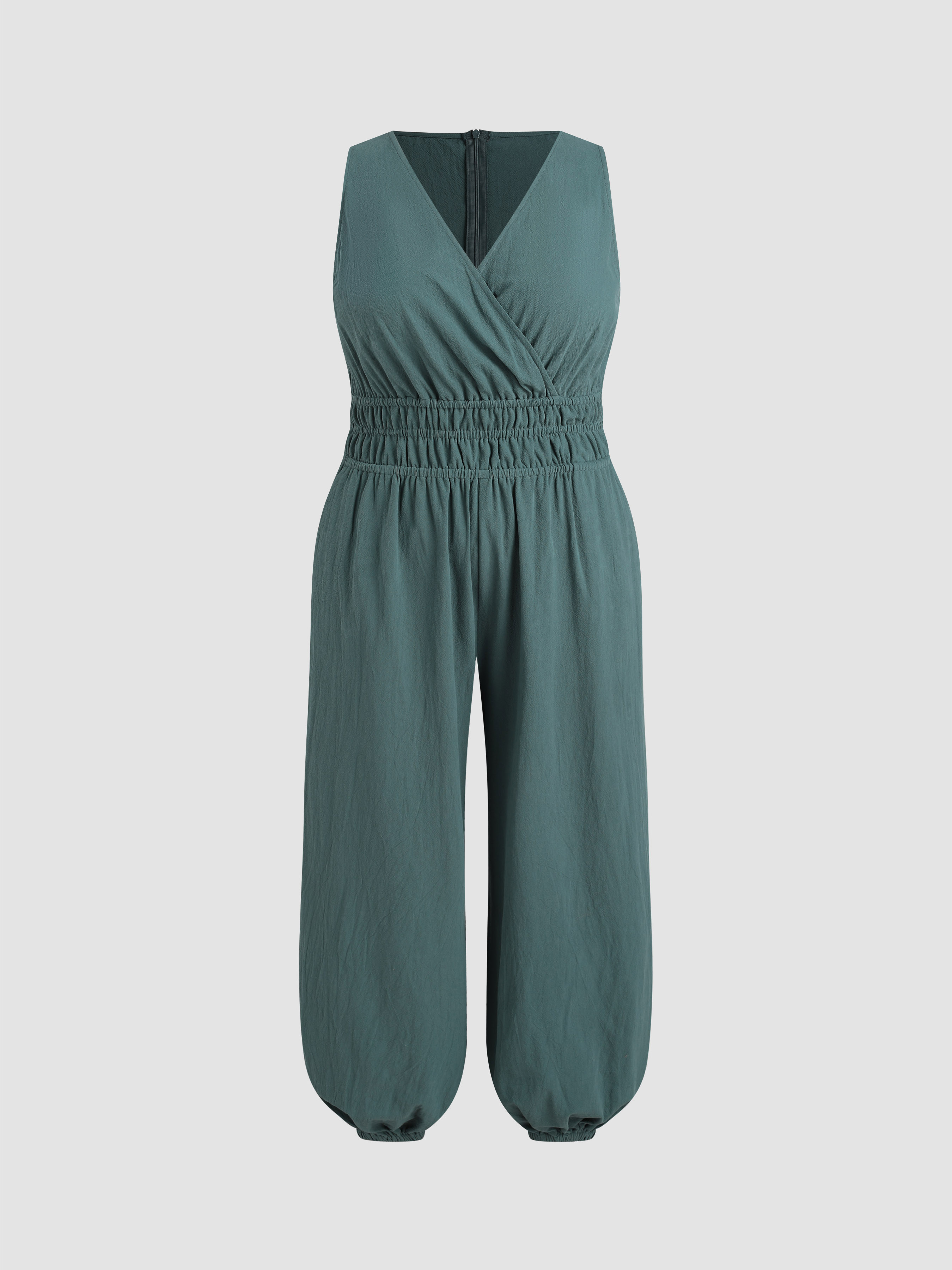 Woven Vneck Shirred Pocket Jogger Jumpsuit Curve & Plus For Daily Casual