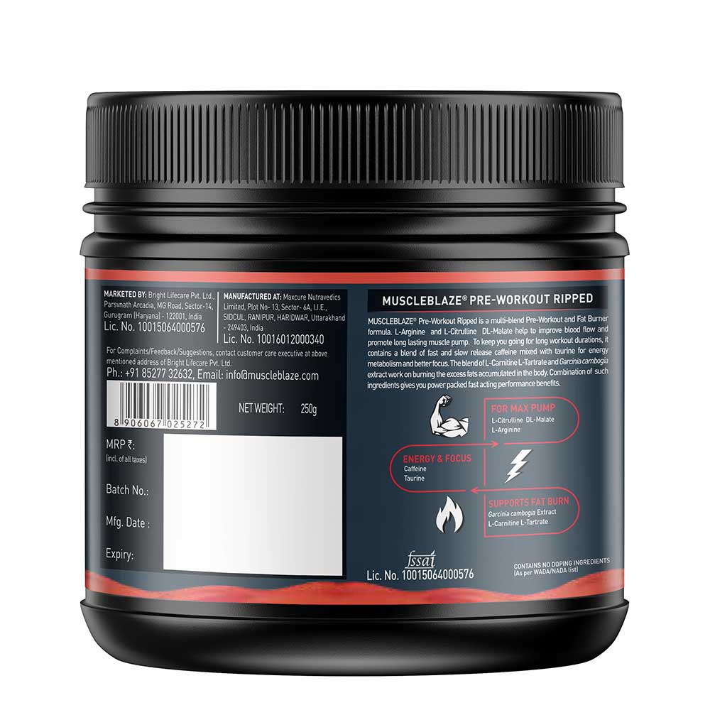 MuscleBlaze Pre Workout Ripped 2018 New Launch 0.55 lb/ 250 g (Free Shaker) Online