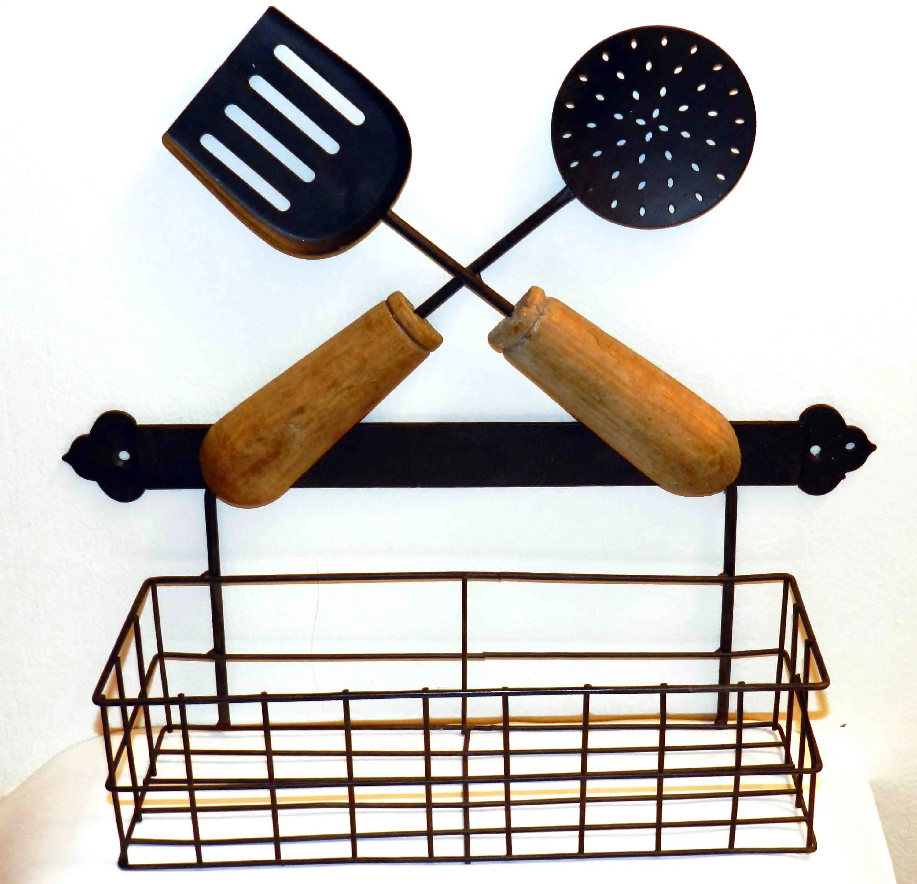 Iron Wood Wall Hanging Kitchen Basket Holder Organizer Condiments Spices Salt eBay