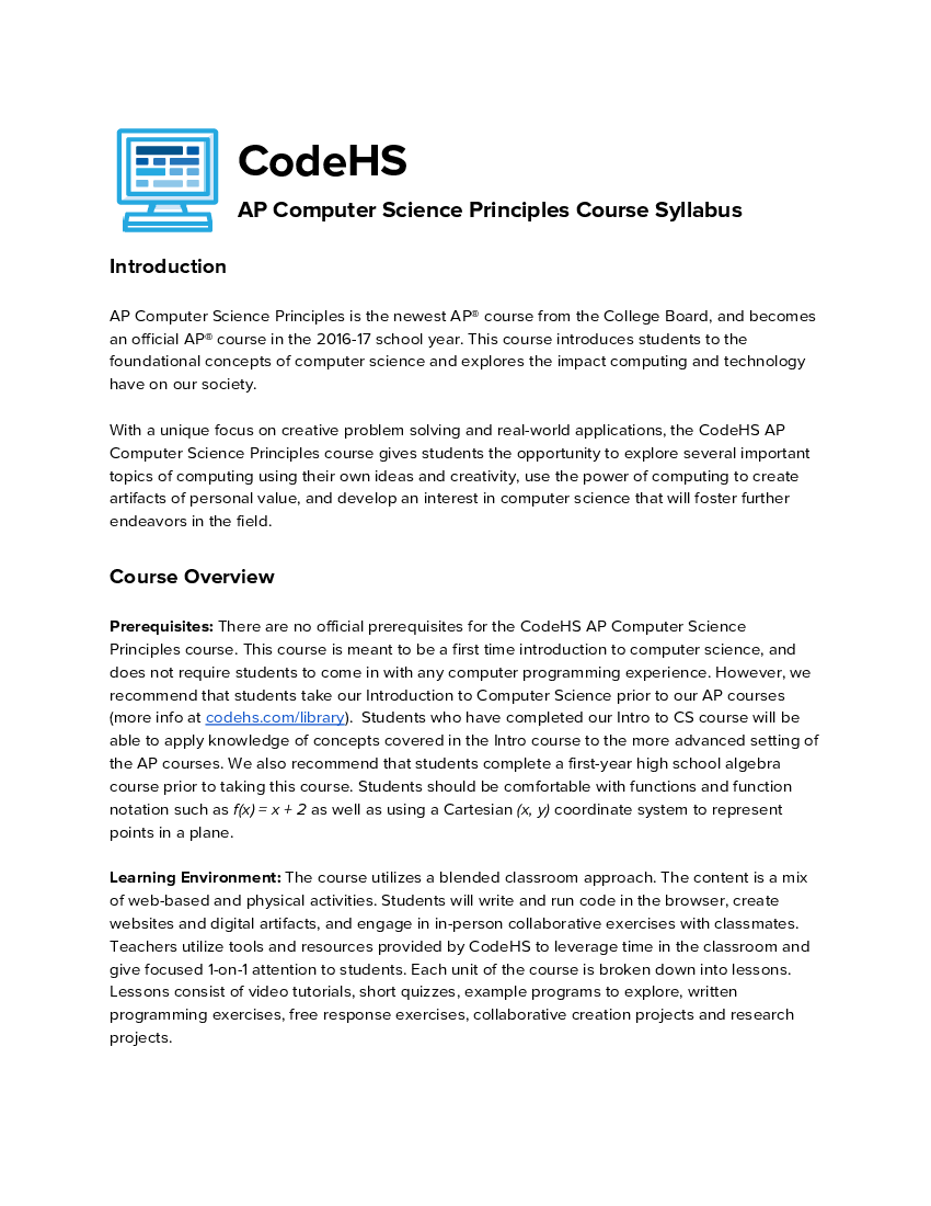 CodeHS AP Computer Science Principles Syllabus pdf Docer