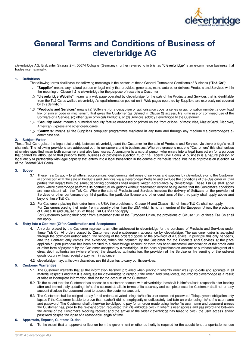 General Terms and Conditions of Business of cleverbridge