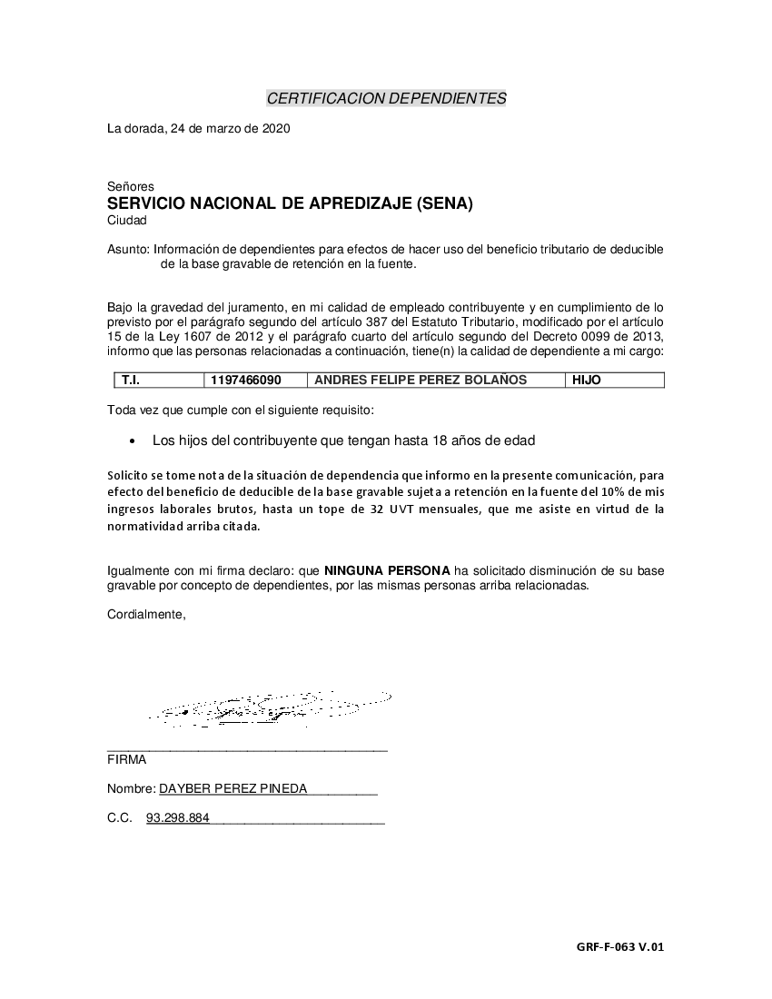 Formato Certificacion Dependientes FELIPE 2020 MARZO PDF pdf