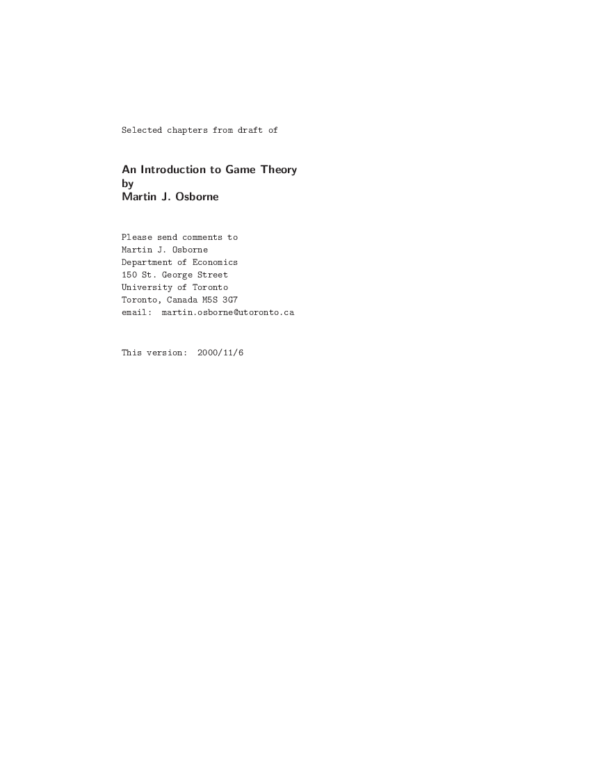 An Introduction to Game Theory Hardcover By Osborne, Martin.