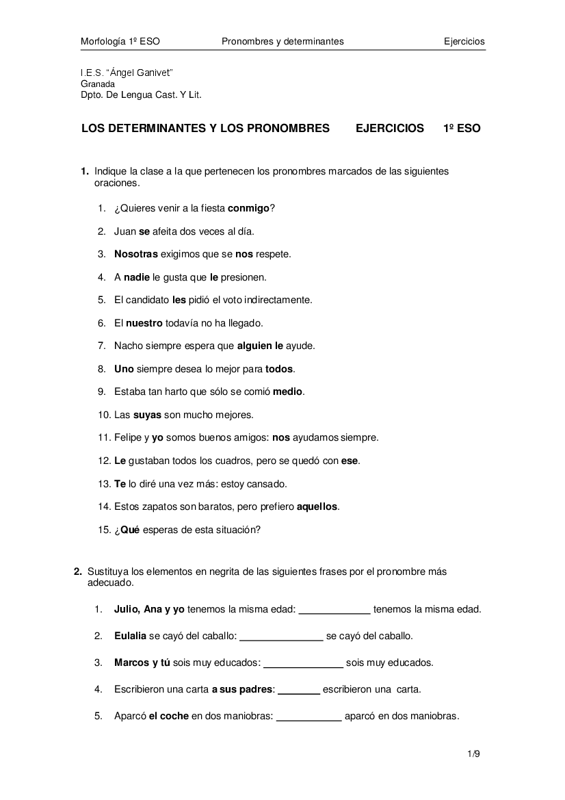 Pronombres y determinantes_Ejercicios_1º ESO pdf