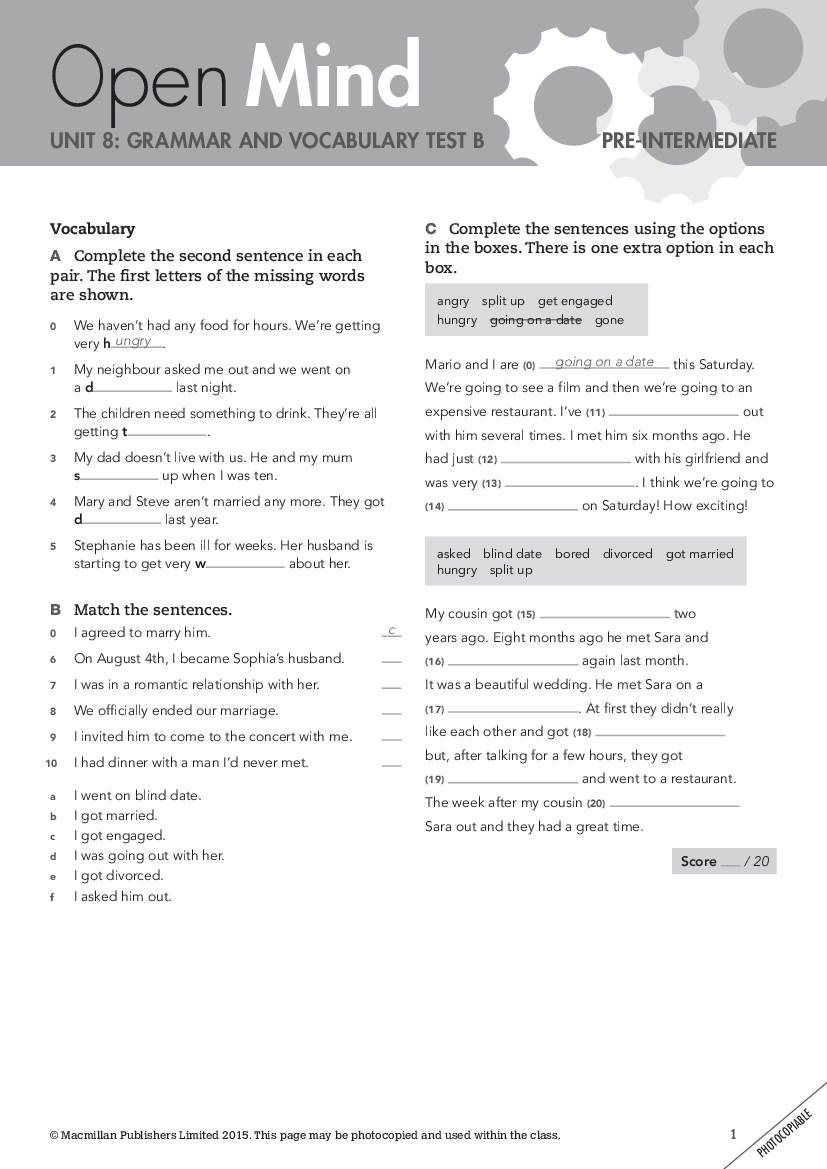 Open Mind Preintermediate Unit 8 grammar and vocabulary test B pdf