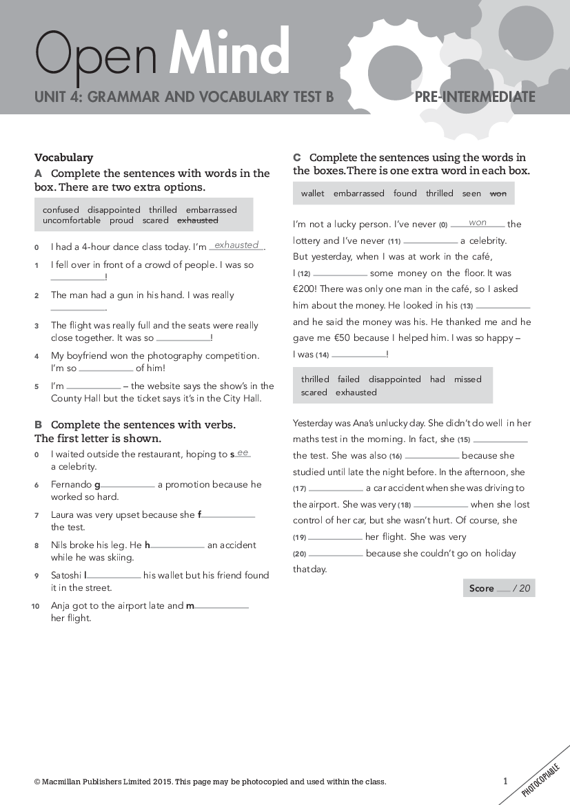 Open Mind Preintermediate Unit 4 grammar and vocabulary test B pdf