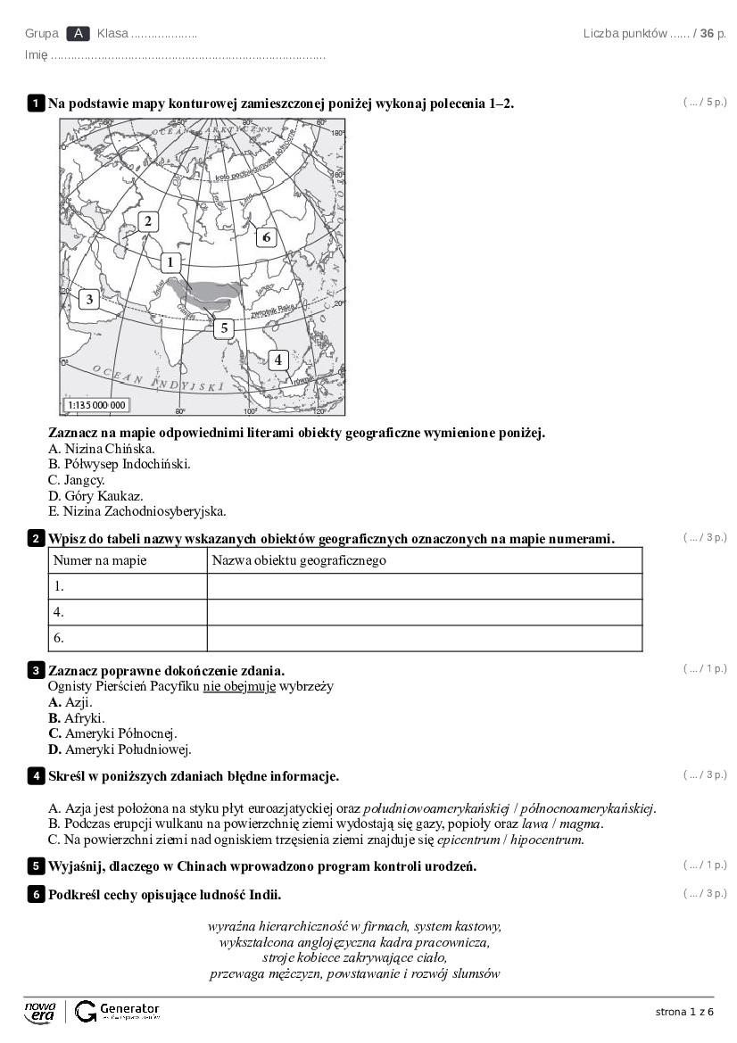 Sprawdzian Z Geografii Klasa 8 Azja question