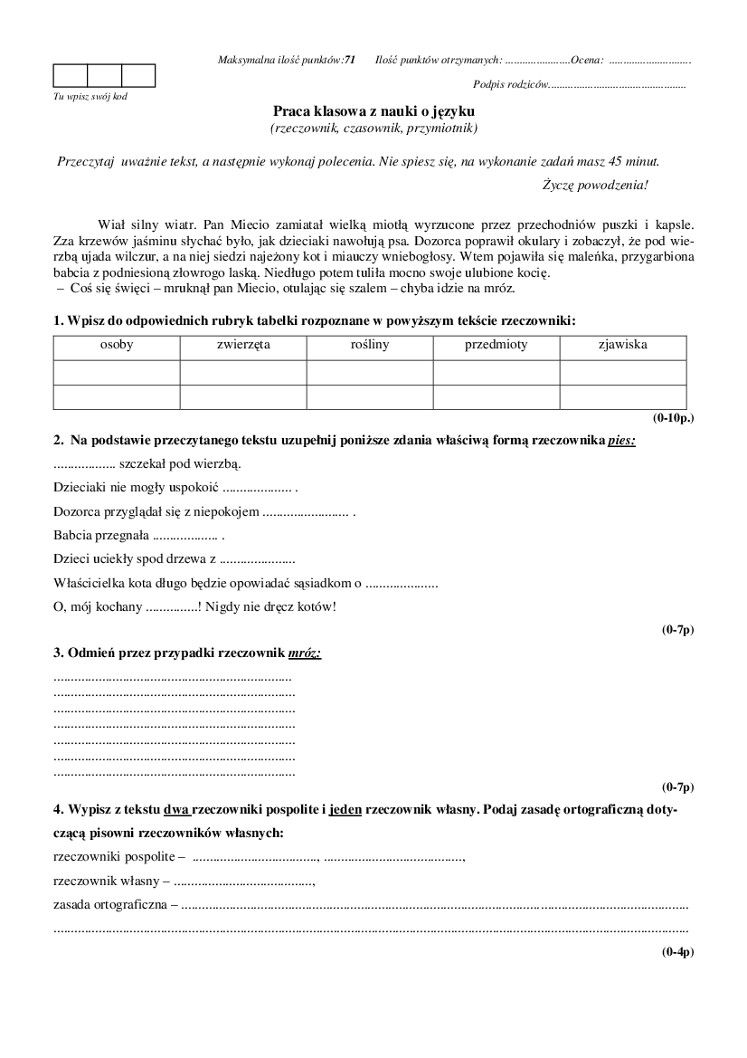 Praca Klasowa Rzeczownik Klasa 5 Margaret Wiegel