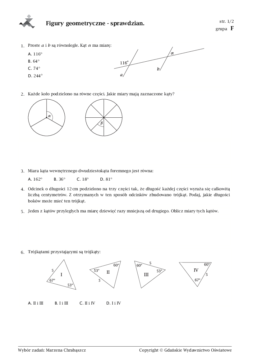 Figury Geometryczne Klasa 4 Sprawdzian Matematyka Z Plusem Margaret