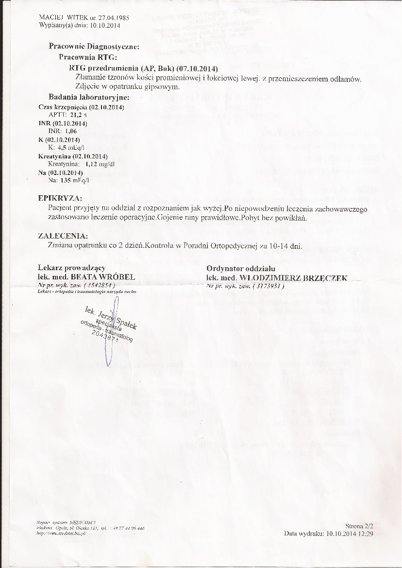 10.10.2014 KARTA INFORMACYJNA Z LECZENIA SZPITALNEGO MACIEJA WITEK Pobierz pdf z Docer.pl