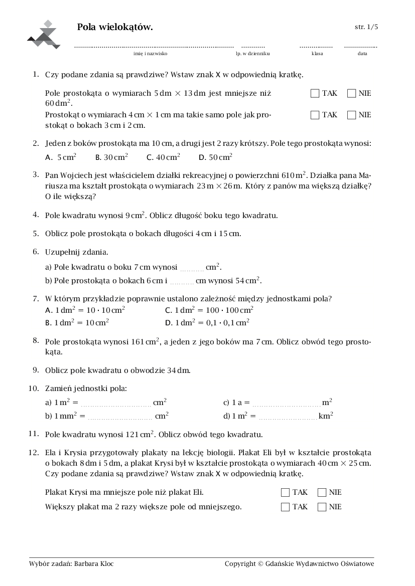 Pola wielokątów kl. 6a test Pobierz pdf z Docer.pl