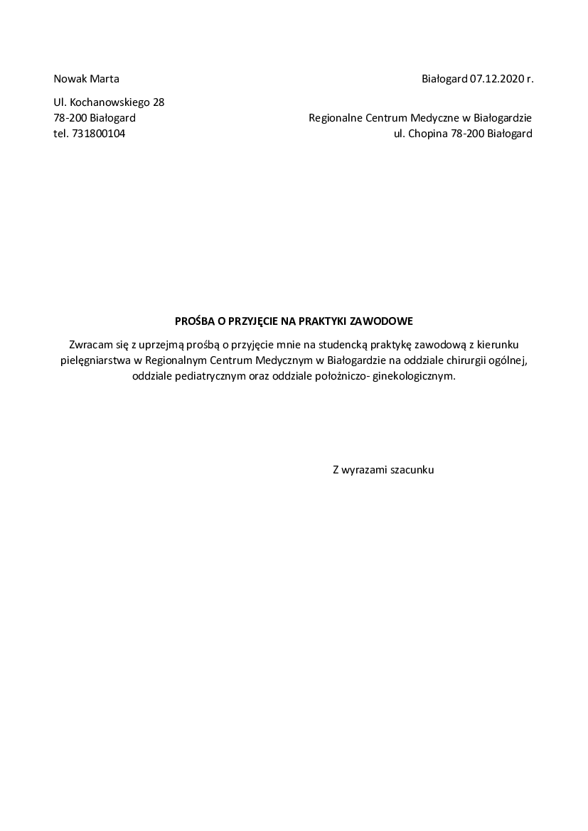 PROŚBA O PRZYJĘCIE NA PRAKTYKI ZAWODOWE Pobierz pdf z Docer.pl