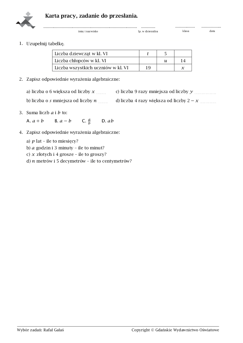 karta pracy wyrażenia algebraiczne. Pobierz pdf z Docer.pl