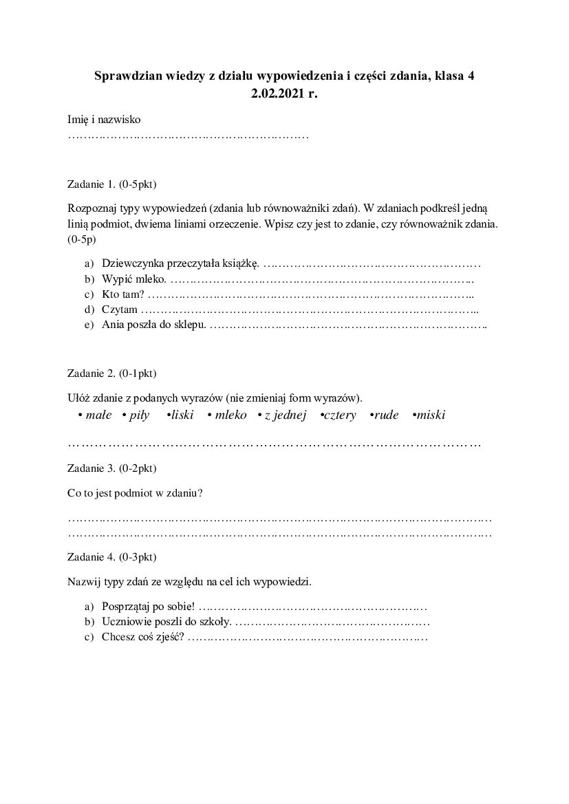 8603399Sprawdzian wypowiedzenia i części zdania, klasa 4 Pobierz pdf