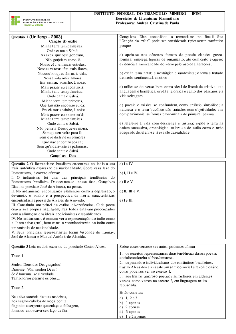 Exercícios de Literatura Romantismo EAD pdf Pobierz pdf z Docer.pl